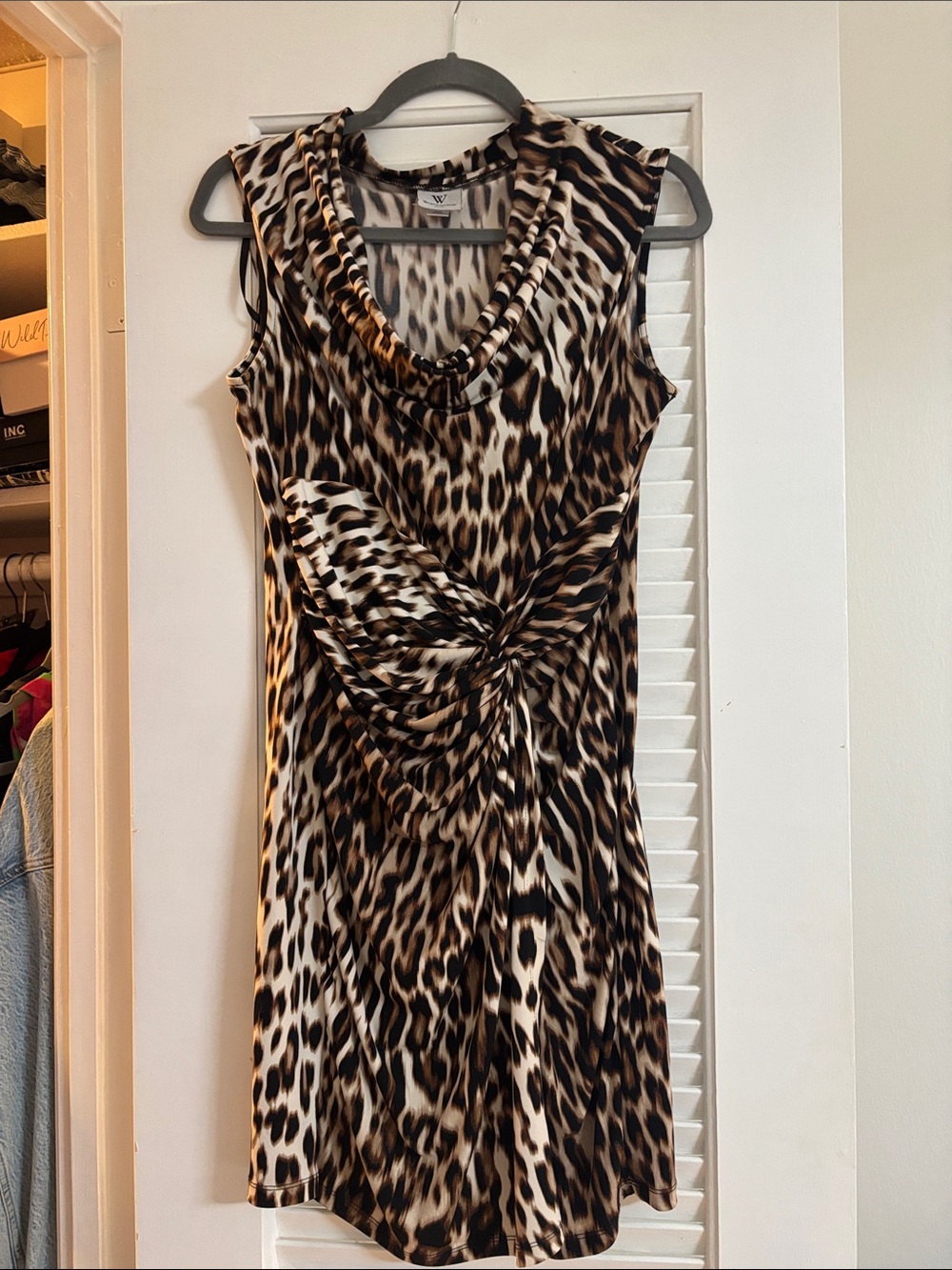 Sleeveless Leopard-Print Twist-Front Dress in Brown and Cream
